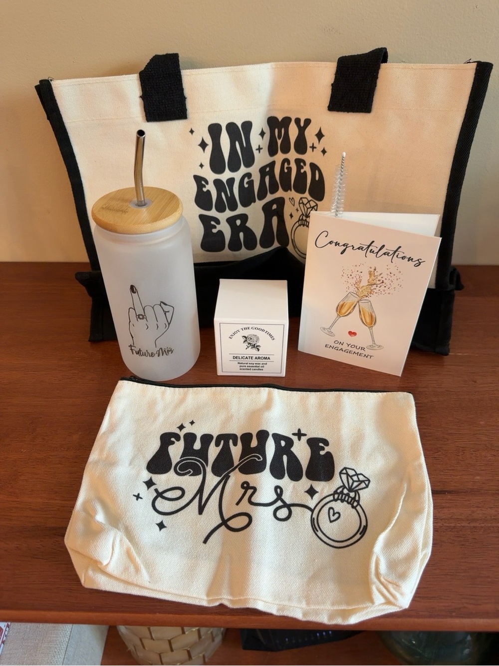 Engagement Gift Box Set Future Mrs Tote Tumbler Candle Card Pouch Bride New